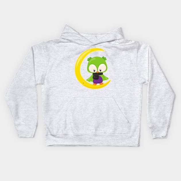 Halloween Owl, Cute Owl, Green Owl, Moon, Scarf Kids Hoodie by Jelena Dunčević